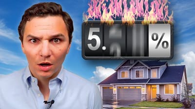 Jon Schwartz beside a mortgage rate dial reading 5 percent with flames above it and a suburban house behind